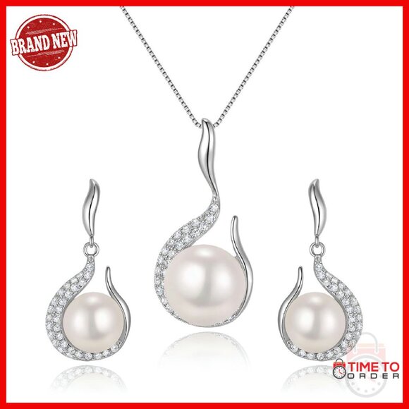 925 Sterling Silver CZ Pearl Flower Bud Necklace Earrings Set